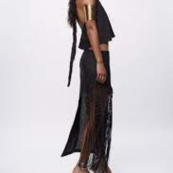 Zara black linen side fringe skirt - Picture 2 of 7